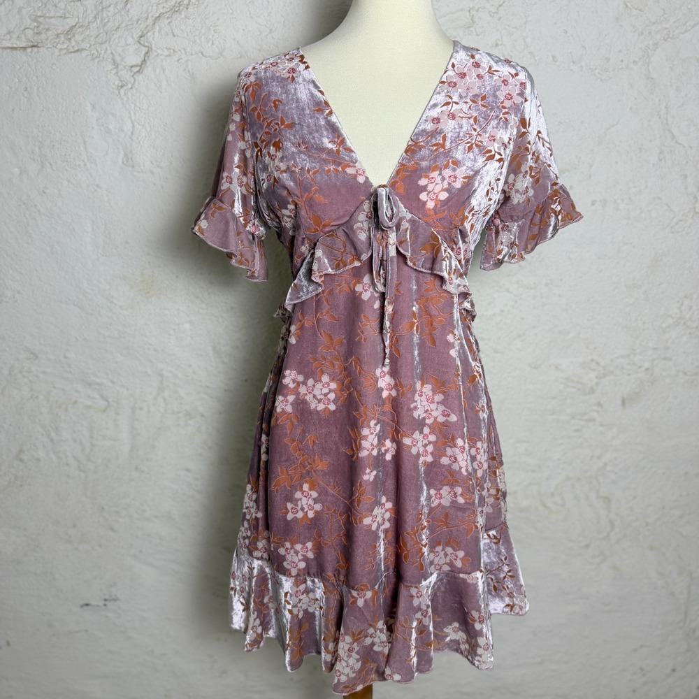 Velvet Burnout Floral Mini Babydoll Dress S Mauve Ruffle Cottagecore Coquette